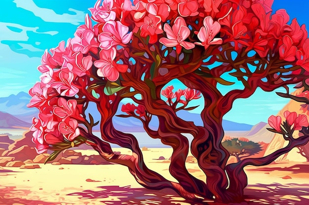 砂漠にある美しいピンクのプルメリアの木のイラスト