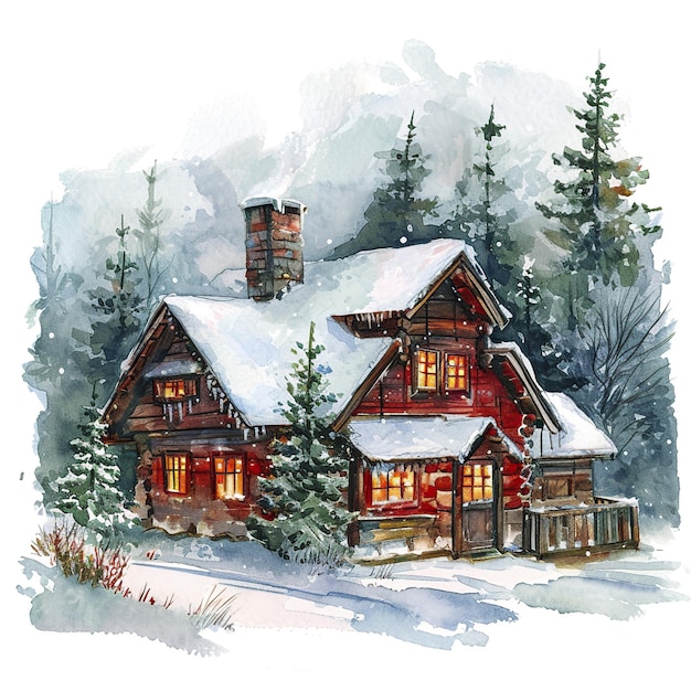 illustration beautiful red house under the winter snow