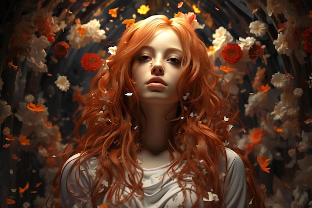 Illustration of a beautiful redhaired girl surrounded by flowers