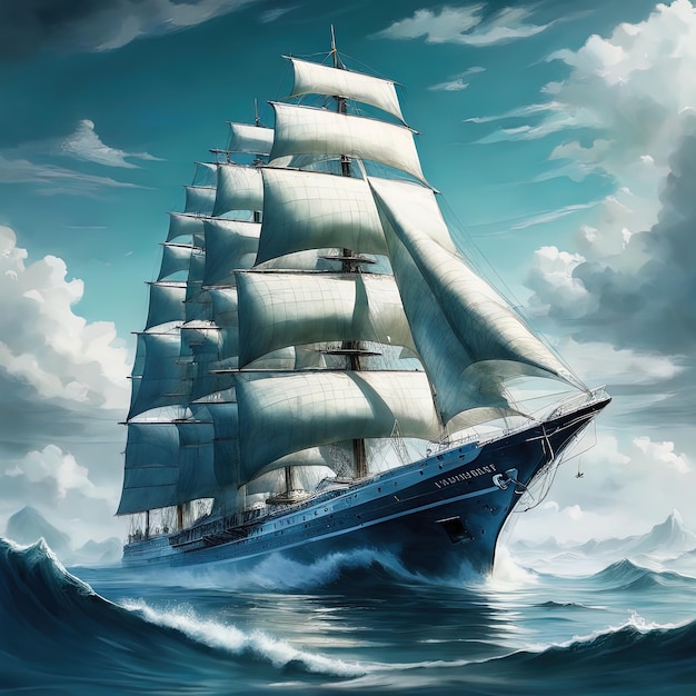 Photo illustration of a beautiful sea with a ship3 d rendered image of a sailing ship