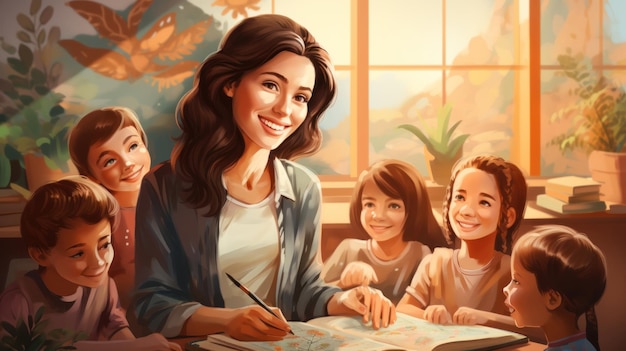 Illustration of beautiful teacher and her students in classroom Education concept Generative AI