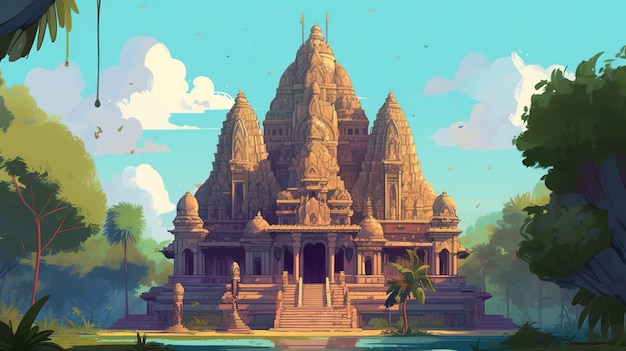 illustration of a beautiful temple nestled in the heart of a lush forest