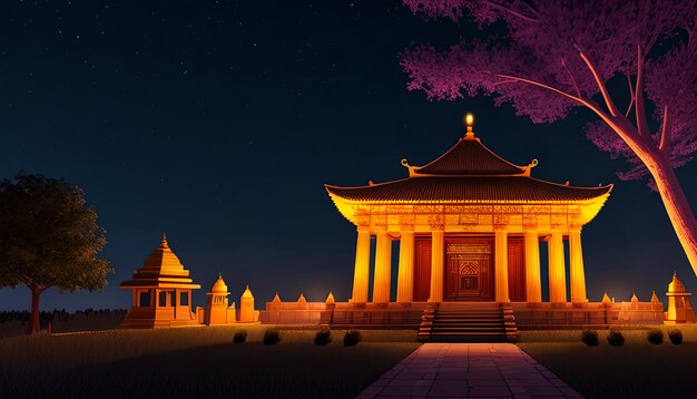 夜の美しい寺院のイラスト