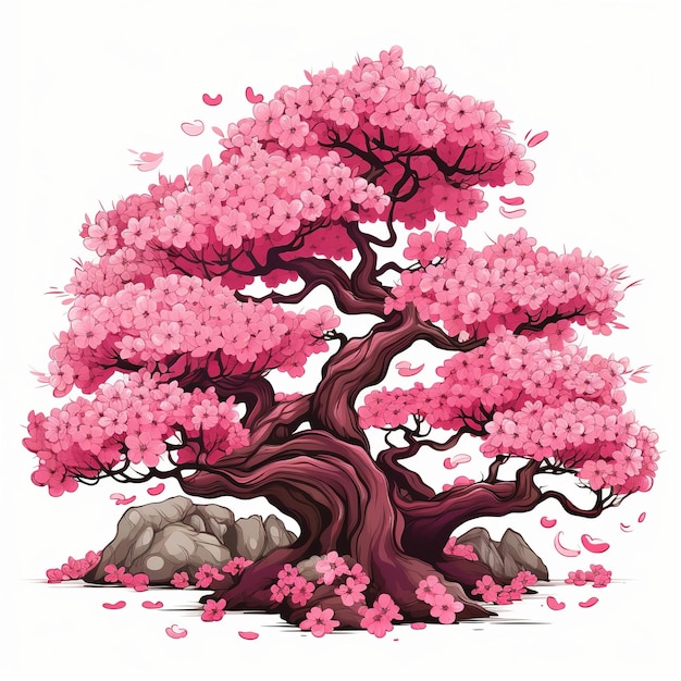 illustration of beautiful vector cartoon japanese pink blooming tree
