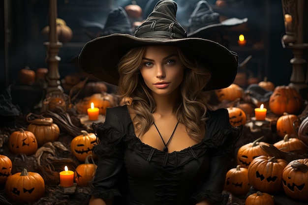 illustration of beautiful witch surrounded of Halloween Jacko'lanterns carved pumpkins