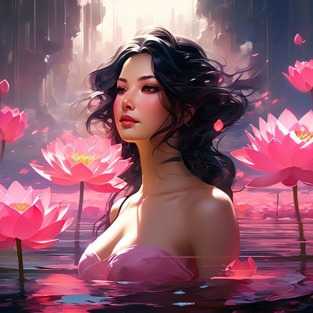 illustration of a beautiful woman decorated with pink lotus flowers in a pond generative AI