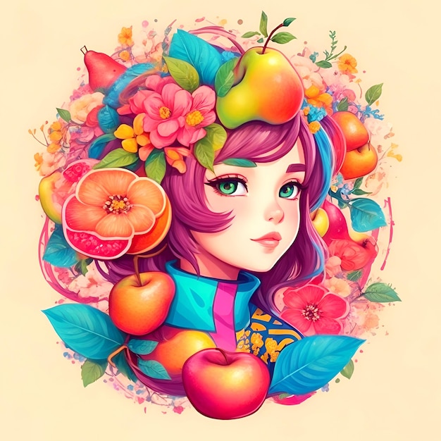 Иллюстрация красивой женщины в фруктовой раме