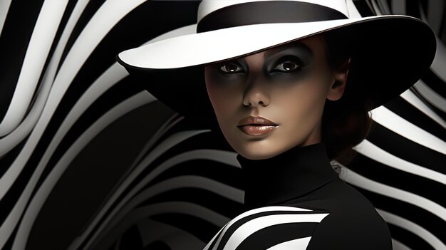 Photo illustration of a beautiful woman in a hat with black and white stripes