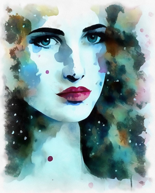 Illustration of beautiful woman portrait in watercolor painting style on paper canvas Generative AI