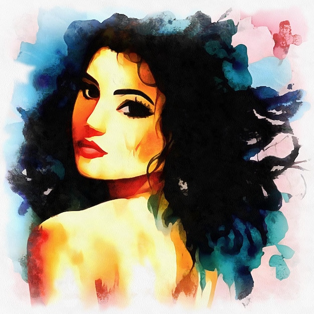 Illustration of beautiful woman portrait in watercolor painting style on paper canvas Generative AI