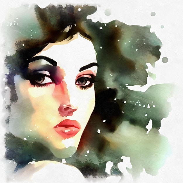 Illustration of beautiful woman portrait in watercolor painting style on paper canvas Generative AI