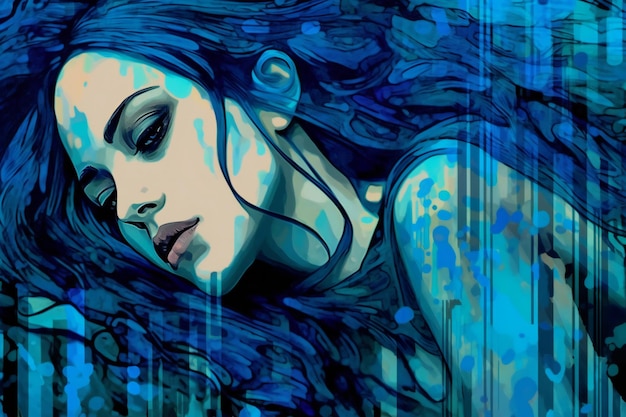 Illustration of a beautiful woman's face with abstract blue background