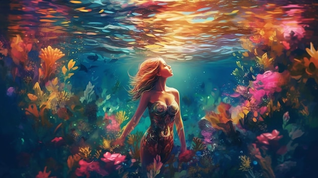 Illustration of beautiful woman with colourful flowers under blue water Generative AI