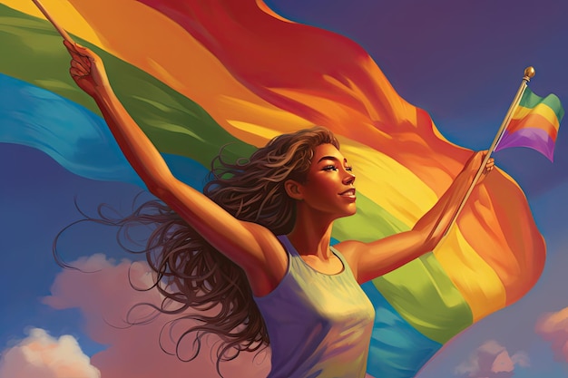 Illustration of a beautiful woman with a rainbow flag in her hand