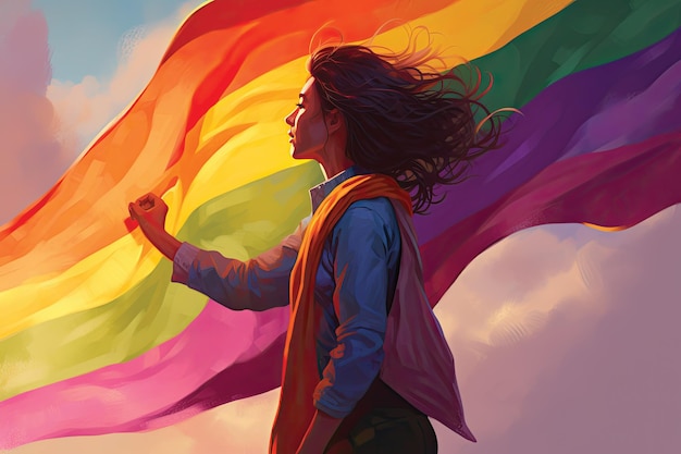 Illustration of a beautiful woman with a rainbow flag in her hand