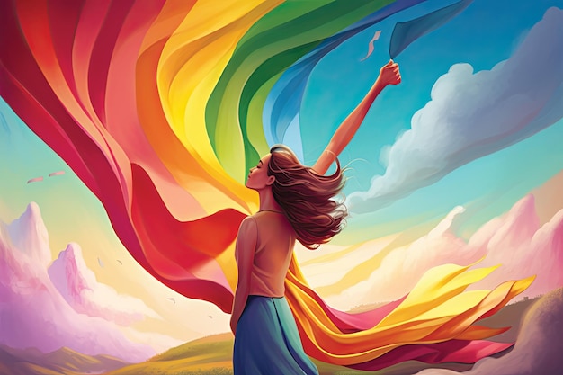 手に虹色の旗を持つ美しい女性のイラスト