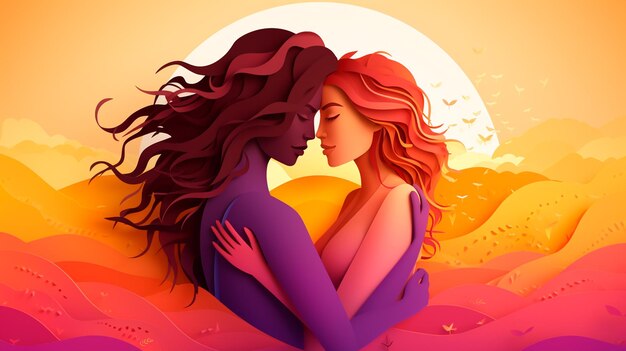 Illustration of beautiful women in rainbow colors with flowers