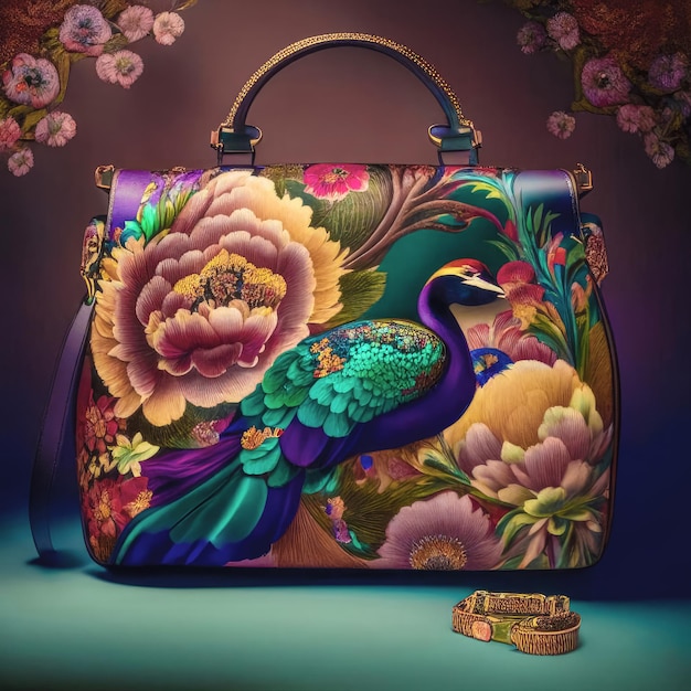 Illustration of a beautiful women's bag with a bright oriental pattern