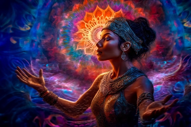Иллюстрация красивой молодой индийской женщины, медитирующей на эзотерическом фоне блеска Генеративный ИИ