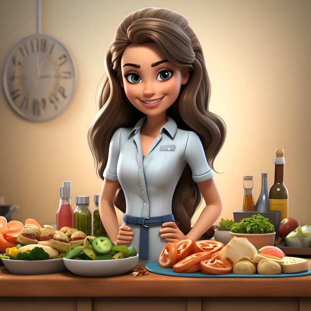 Illustration of a beautiful young woman cooking in the kitchen at home