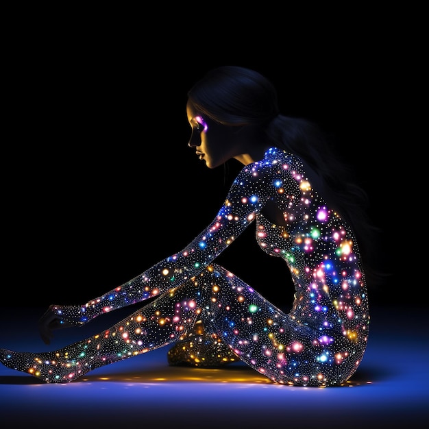 Illustration of a beautiful young woman with colorful lights on her body