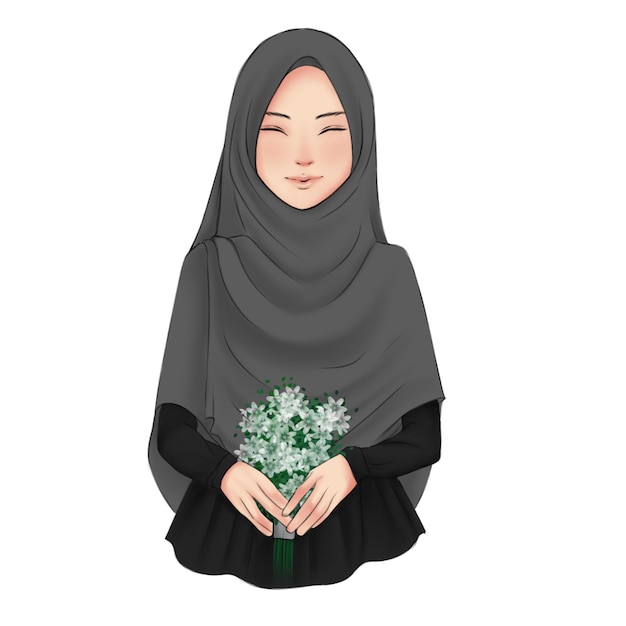illustration of beauty muslim woman using headscarf or hijab and flower on ramadan or eid al fitr