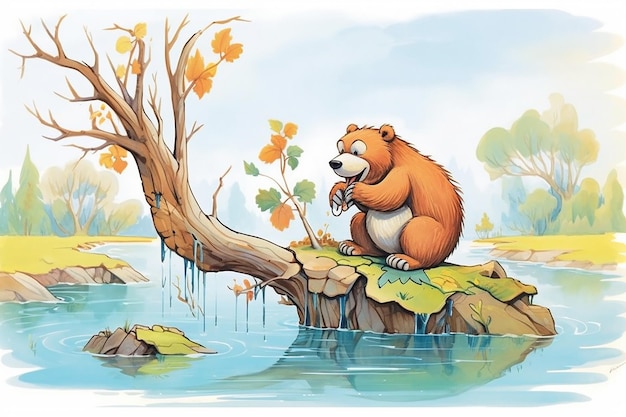 Illustration of a Beaver Nibbling on a Tree Branch