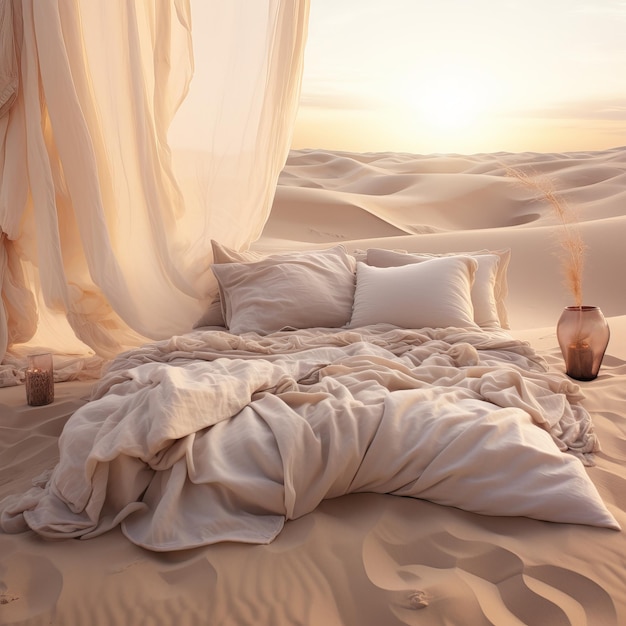 사막의 모래 언덕에 인 침대의 일러스트레이션