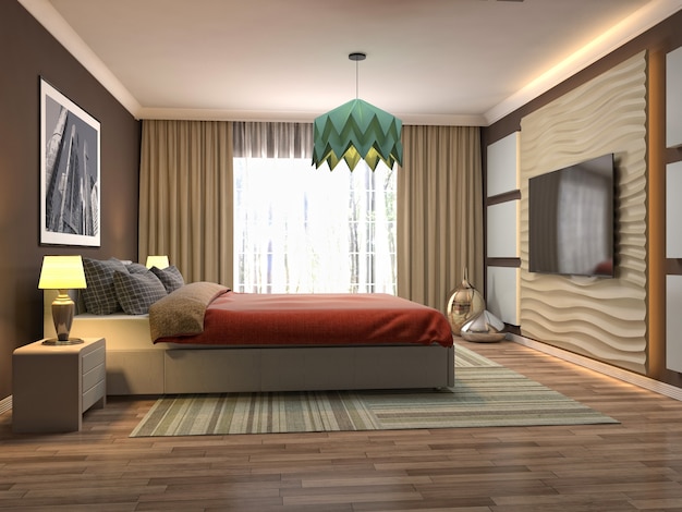 Illustration of bedroom interior. 3D render