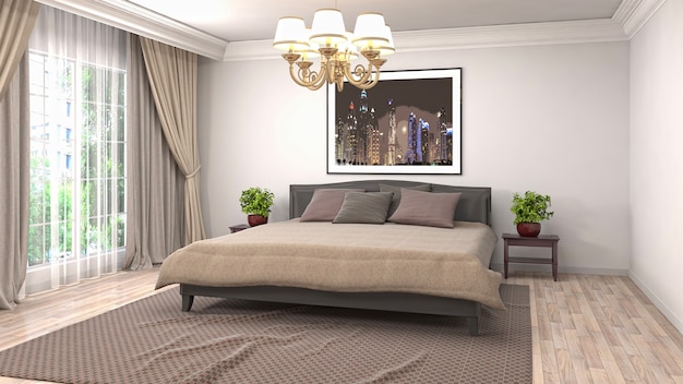 Illustration of bedroom interior. 3D render