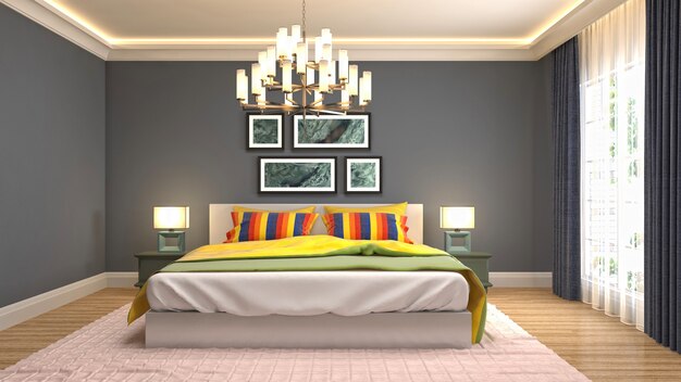 Illustration of bedroom interior. 3D render