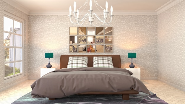 Illustration of bedroom interior. 3D render