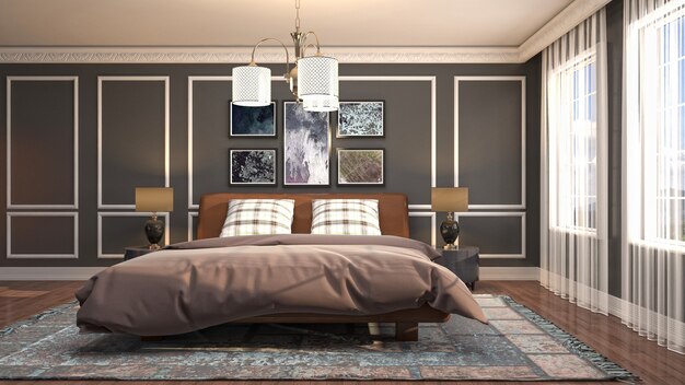 Illustration of bedroom interior. 3D render