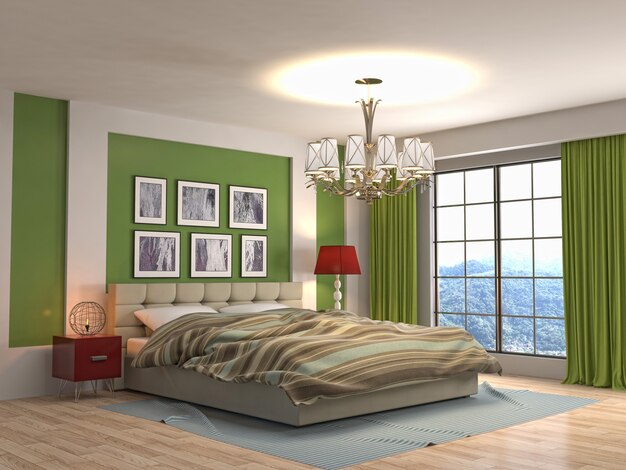 Illustration of bedroom interior. 3D render