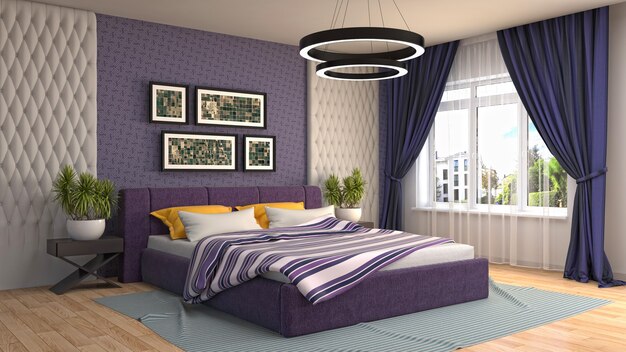 Illustration of bedroom interior. 3D render