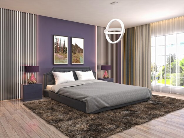 Illustration of bedroom interior. 3D render