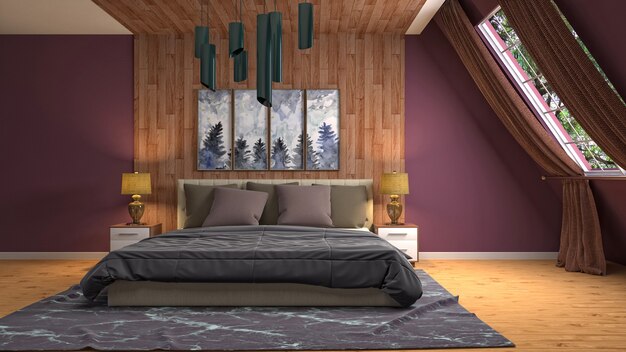 Illustration of bedroom interior. 3D render