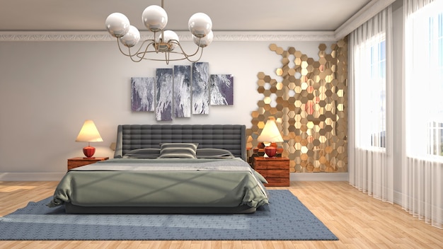 Illustration of bedroom interior. 3D render