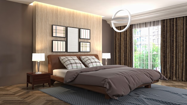 Illustrazione dell'interno della camera da letto. rendering 3d