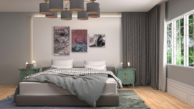 Illustrazione dell'interno della camera da letto. rendering 3d