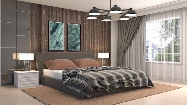 Illustration of bedroom interior. 3D render