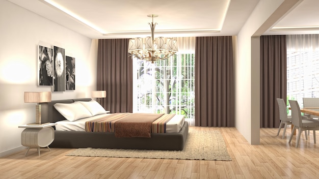 Illustration of bedroom interior. 3D render