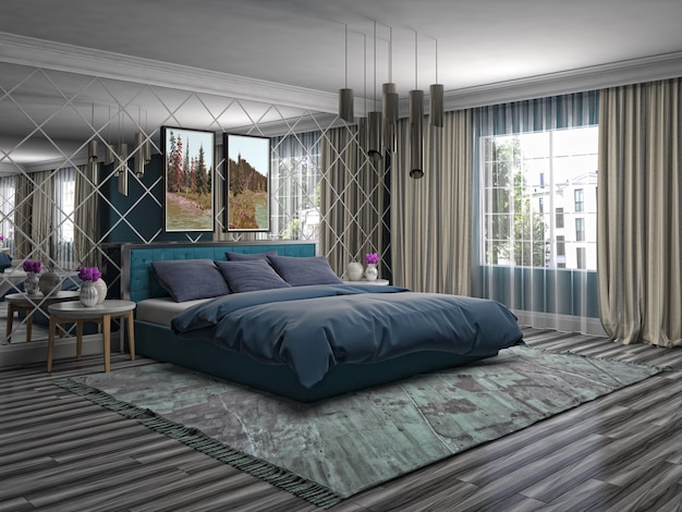 Illustration of bedroom interior. 3D render