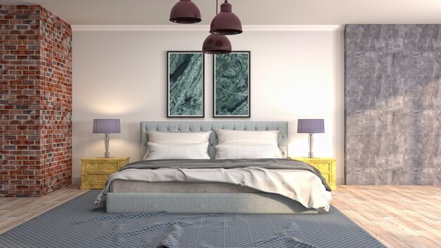 Illustration of bedroom interior. 3D render
