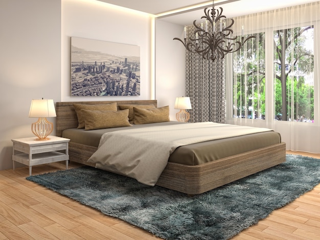 Illustration of bedroom interior. 3D render