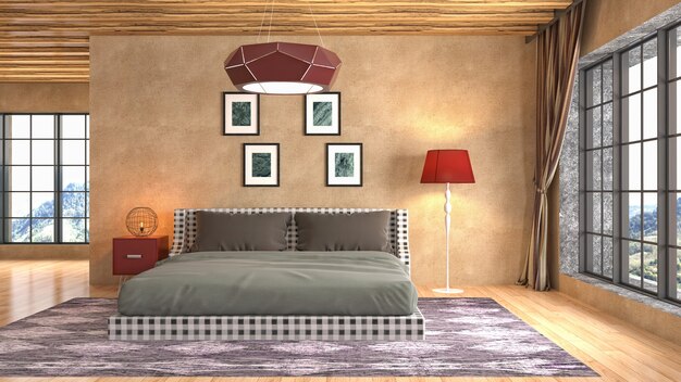 Illustration of bedroom interior. 3D render