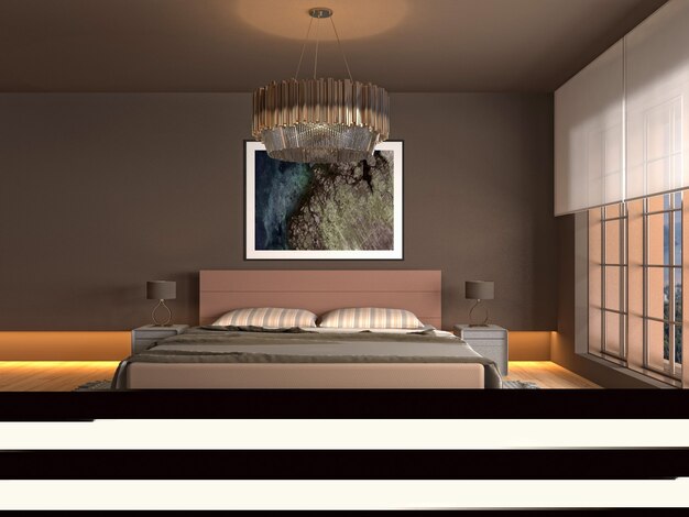 Photo illustration of bedroom interior. 3d render