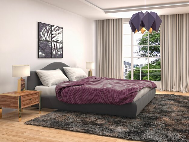 Illustration of bedroom interior. 3D render