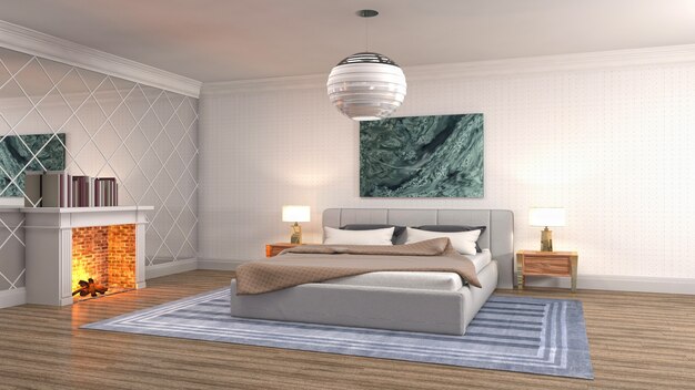 Illustration of bedroom interior. 3D render