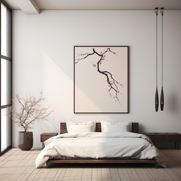 illustration of A bedroom with a bed white walls and a hanging paint